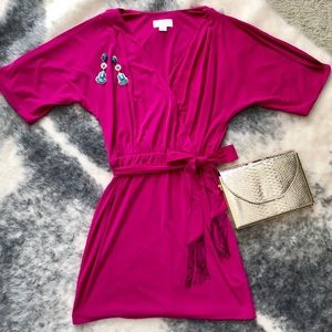 Jessica Simple Fuchsia Wrap Dress with Fringe Tie